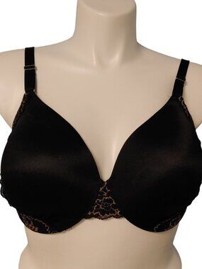 Soma Vanishing Back Full Coverage Bra 38DD Black Gold Lace Trim Padded Underwire